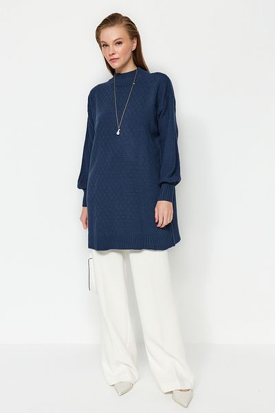 Trendyol Modest Navy Blue High Collar Honeycomb Pattern Knitted Knitwear Sweater TCTAW24AK00020