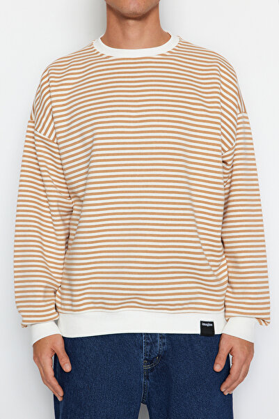 Trendyol Collection Bézs csíkos széles kivágású polár pulóver - TMNAW24sw00065