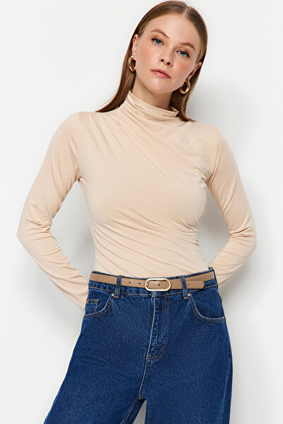 Trendyol Collection Stone Gather Detailní stojánek, límec Stretch pletené tělo se zapínáním na patentky TWOAW24BD00014