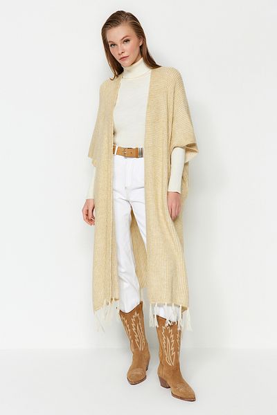 Trendyol Modest Cardigan lung de tricotaj cu ciucuri bej TCTAW23TH00008