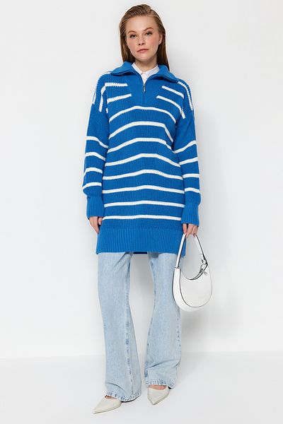 Trendyol Modest Blue Striped Collar Zippered Knitwear Sweater TCTAW24AK00037