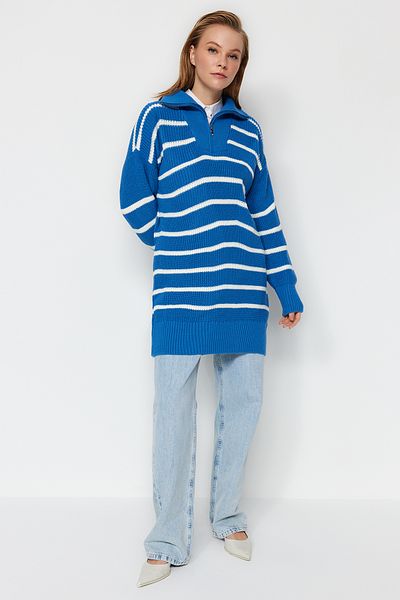 Trendyol Modest Blue Striped Collar Zippered Knitwear Sweater TCTAW24AK00037