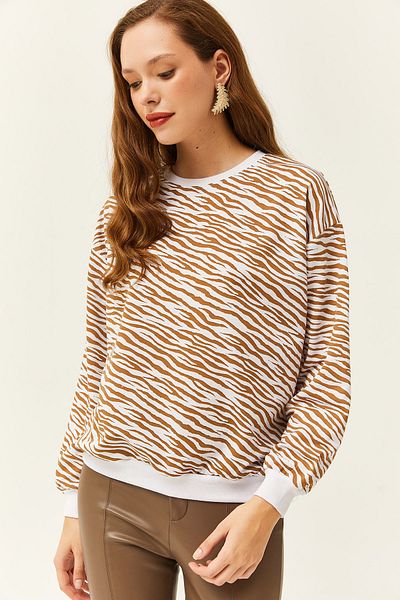 Olalook Women's Zebra Brown Basic Soft Textured Loose Sweatshirt SWT-19000457