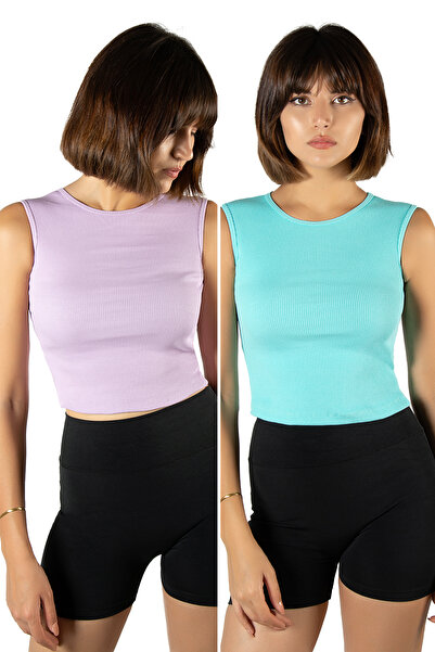 ADEGO 2'li Paket Lila Turkuaz Fitted/Vücuda Oturan Crop Halter Yaka Fitilli E...