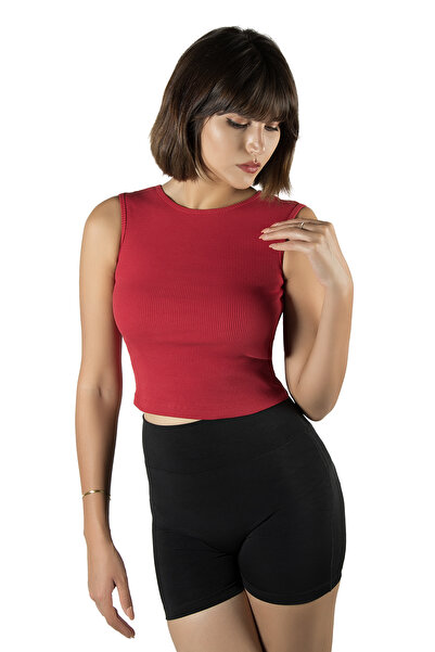 ADEGO Red Fitted Crop Halter Neck Ribbed Stretch Knitted Blouse Athlete