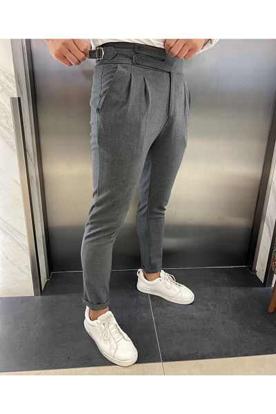 BYATA MENS STYLE Italian Cut Belted Light Gray Fabric Trousers