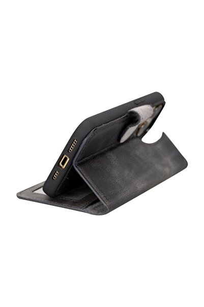 PLM Apple Iphone 15 Pro Max Uyumlu Deri Cüzdanlı Kılıf Mwwn Vs4ef Gri