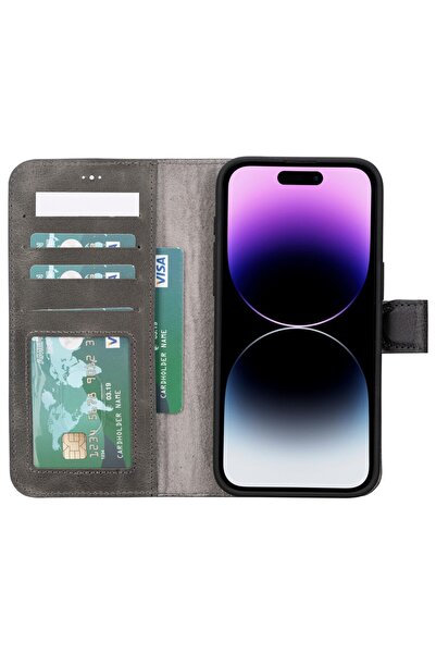 PLM Apple Iphone 15 Pro Max Uyumlu Deri Cüzdanlı Kılıf Mwwn Vs4ef Gri