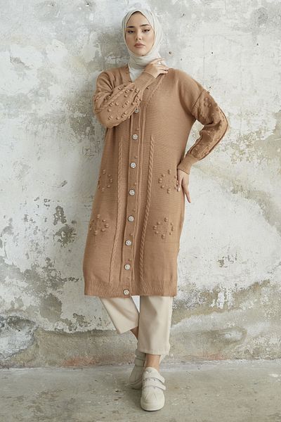 InStyle Lomira Πέτρινο Κουμπί Λεπτομερής Πλεκτή Ζακέτα - Καμήλα