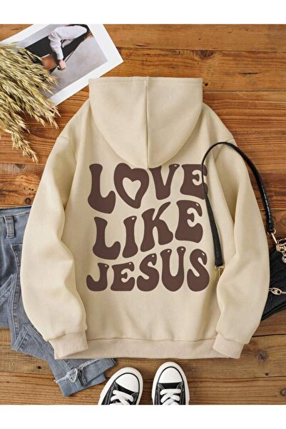 NOVVO Hanorac crem cu glugă cu imprimeu Love Like Jesus unisex