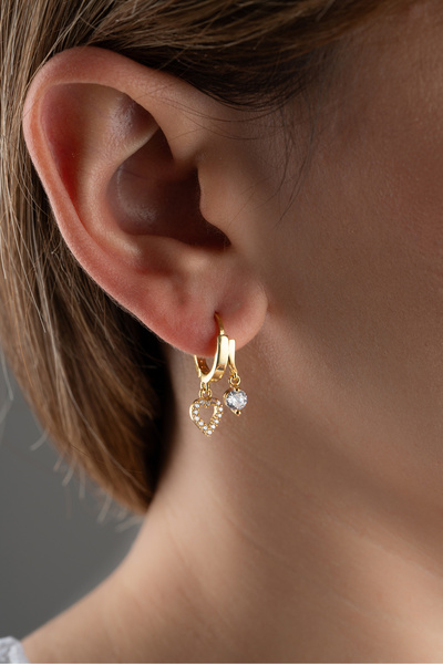 Silvano Jewelry 925 Ayar Gümüş Çift Kalp Taşlı Küpe