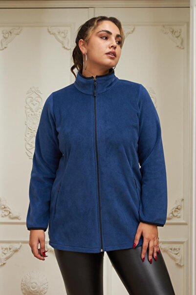 RMG Hscstore Kadın Kol Biye Detaylı Büyük Beden Saks  Polar Sweatshirt- 9798