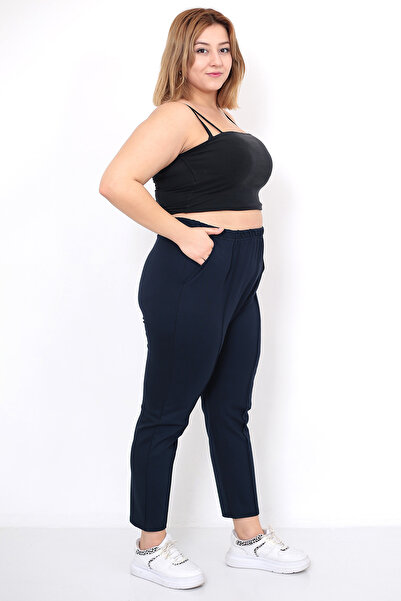 Lamirella Women's Navy Blue High Waist Plus Size Mother Pants with Carrot Cut Pockets