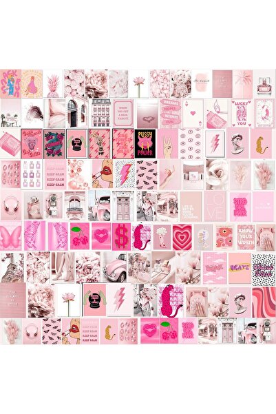 Hediye Vakti Pembe Duvar Posteri Seti Pembe Poster Kolaj Seti - 99 Adet - 10cm X 15cm