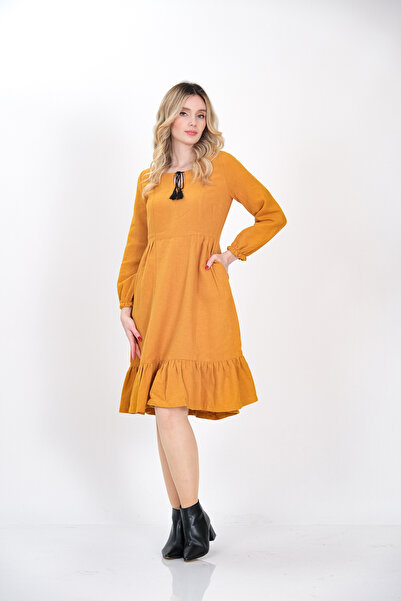 İna Düz Pazen'den Kolu Lastikli Eteği Fırfırılı Kışlık Hardal Sarısı Elbise