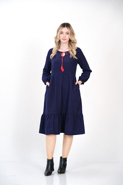 İna Rochie de iarnă bleumarin cu volane și fustă cu mâneci elastice din flanel simplu