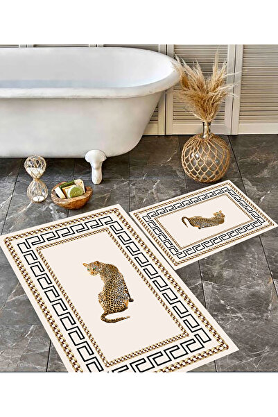 MAMKO سجادة حمام بنمط الفهد، سجادة حمام بلون كريمي، طقم مرحاض، قاعدة مضادة للانزلاق، سجادة قابلة للغسل