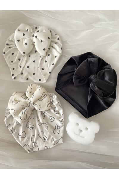 MASALBABY Kız Bebek 3'lü Saç Bonesi Seti / Yeni Doğan Hediyelik /