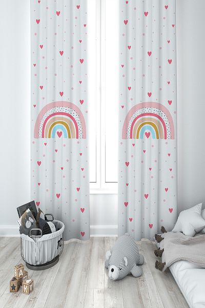 MASAL ODAM Baby and Children's Room Rainbow and Heart Patterned 2 Wing Background Curtain