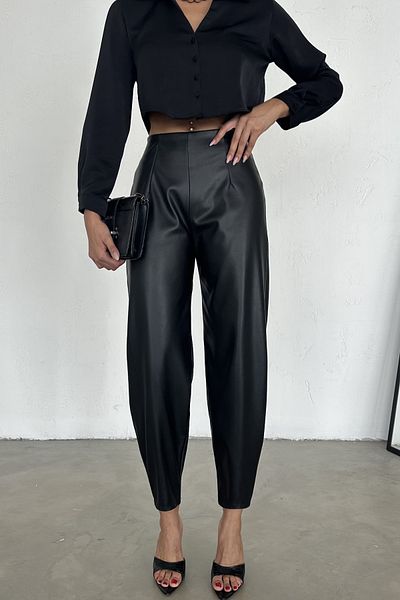 FEMELLE Pantaloni elastici din piele cu balon cu nervuri, negri, cu talie elastică