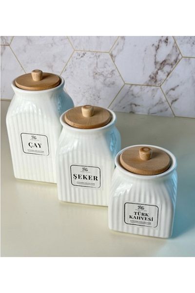 Kitchen Pembelia 3 Size Porcelain Tea Candy Turkish Coffee Jar with Bamboo Lid Storage Set