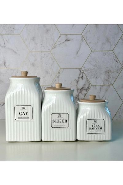 Kitchen Pembelia 3 Size Porcelain Tea Candy Turkish Coffee Jar with Bamboo Lid Storage Set