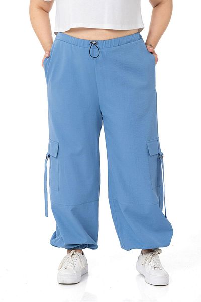 DISENTIS MODEST Pantaloni albaștri cu parașuta - mărime mare, talie și picior din cauciuc, buzunar cargo