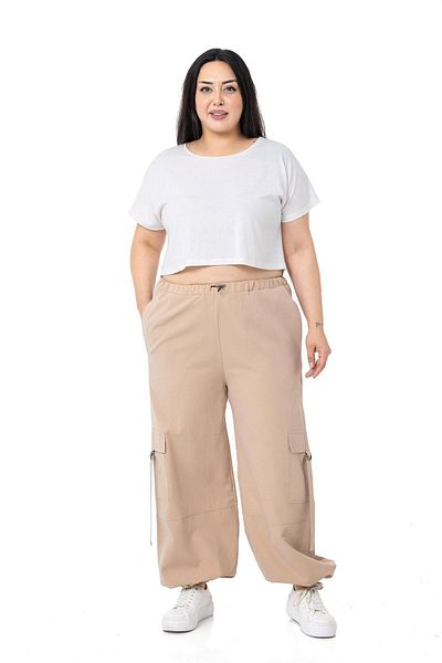 DISENTIS MODEST Large Size Mink Parachute Pants with Elastic Waist and Cargo Pockets