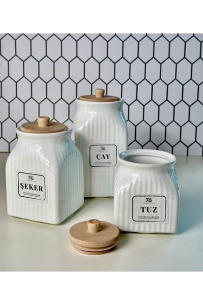 Kitchen Pembelia 3 Size Bamboo Lid Porcelain Tea Sugar Salt Coffee Jar Storage Set