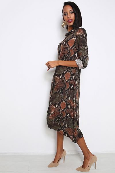 AVORWE Leopard Patterned Shirt Collar Midi Dress