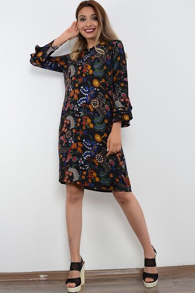 AVORWE Rochie cu mâneci cu imprimeu floral și detaliu cu volane