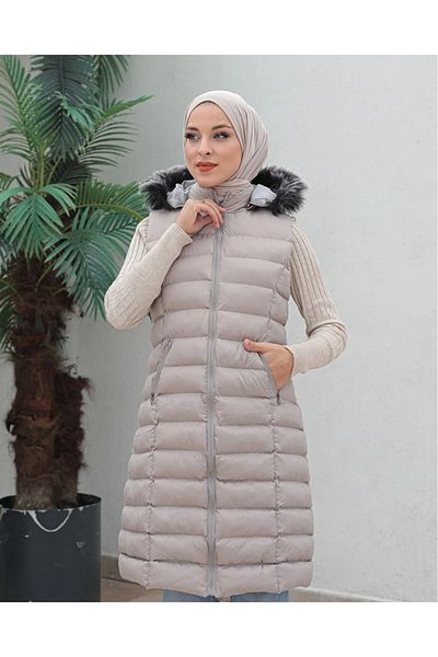 KMKkombin Women's Oversize Large Size Hat Furry Foam Print Detailed Fiber Filling Sports Puffer Vest & Coat