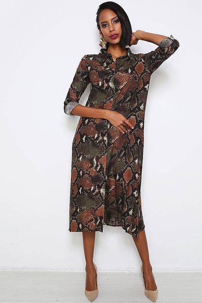 AVORWE Leopard Patterned Shirt Collar Midi Dress