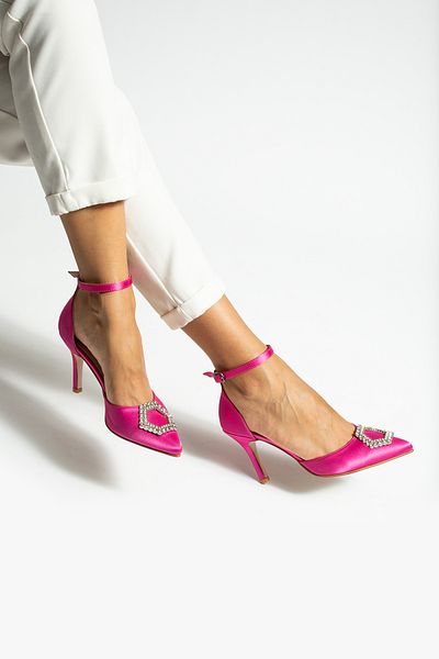 La Limar Pantofi cu toc pentru femei Limar Fuchsia Satin Stone, cu cureaua la gleznă, 8,5 cm, cu vârf ascuțit