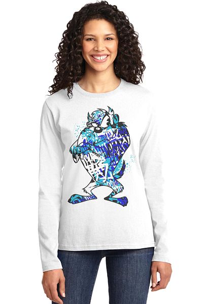 ROCKANDROLL Tricou din bumbac pieptănat cu mânecă lungă, cu decolteu rotund, alb, pictat