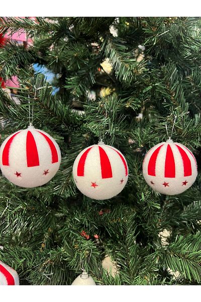 Happyland Christmas Pine Tree Ornament 3 Pieces Red White Star Model Cici Ball 6 cm Christmas Ball