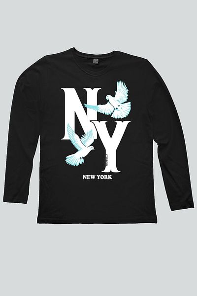 ROCKANDROLL Tricou bărbătesc din bumbac pieptănat cu mânecă lungă, negru, cu gât crew, Ny Pigeons