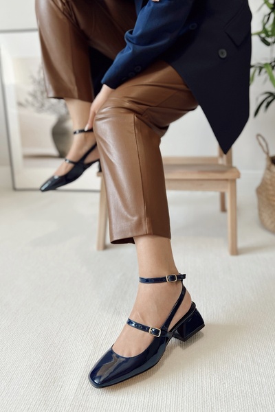 POLKA STORE Women's Mary Jane Navy Blue Patent Leather Open Back Square Toe Helmet Short Block Heeled Shoes