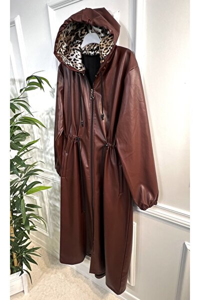 Aşkı Endam Large Size Lema Waist Gathered Hooded Full Length Leather Trench - Claret Red