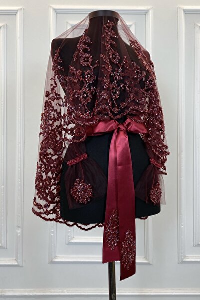 ZEYMERADE Bordo Gelin Duvak Seti, Cam Boncuk ve Pul Baskılı Kına Duvağı Seti 6 Parça