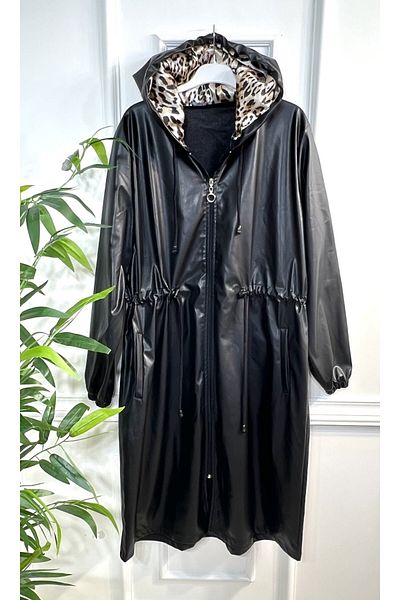 Aşkı Endam Plus Size Benna Gathered Waist Hooded Intermediate Leather Trench - Black