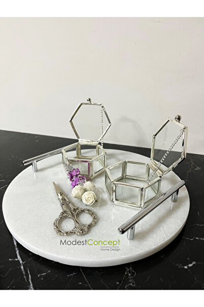 Modestmar Doğal Beyaz Mermer Nişan / Söz Tepsisi Yuvarlak - Gümüş Yüzük Kutul...