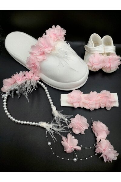 ALAZ TASARIM HOBİ Maternity Slippers and Crown Baby Bandana and Booties Set