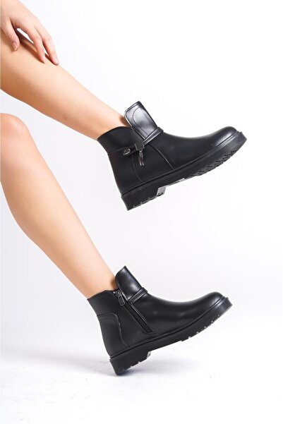 LEVOSHOES 9003KL-KADIN YANDAN FERMUAR DETAYLI İPLİ TOKALI ORTOPEDİK SPOR BOT SİYAH CİLT