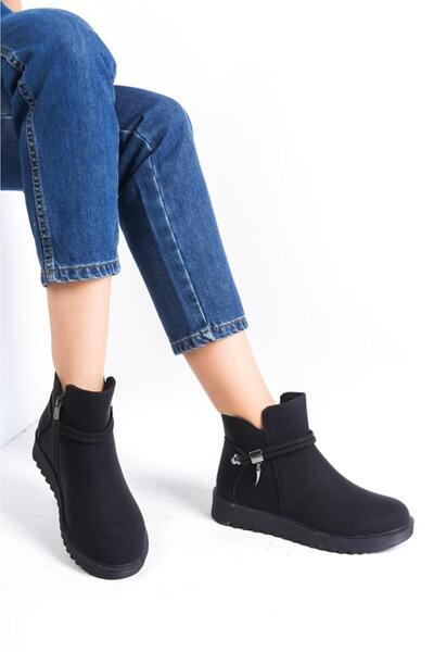 LEVOSHOES 9003KL-KADIN YANDAN FERMUAR DETAYLI İPLİ TOKALI ORTOPEDİK SPOR BOT SİYAH SÜET