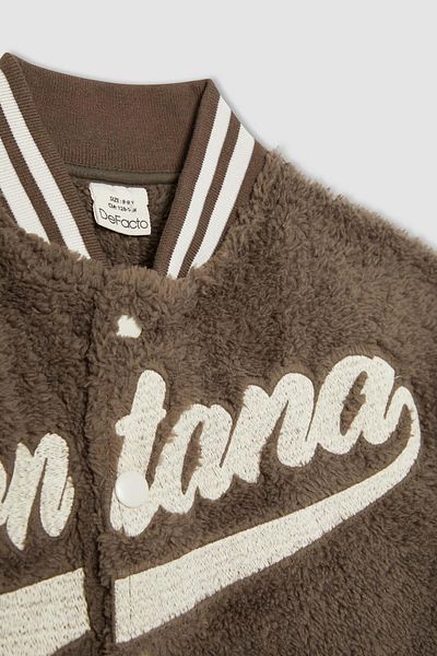 DeFacto Boy's Seasonal Bomber Cardigan - College Collar, Plush Snap Closure, Double Pocket B3036A823Wn