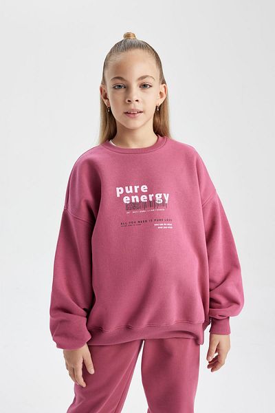 DeFacto Girl's Oversize Fit Crew Neck Thick Sweatshirt with Soft Fuzzy Inside