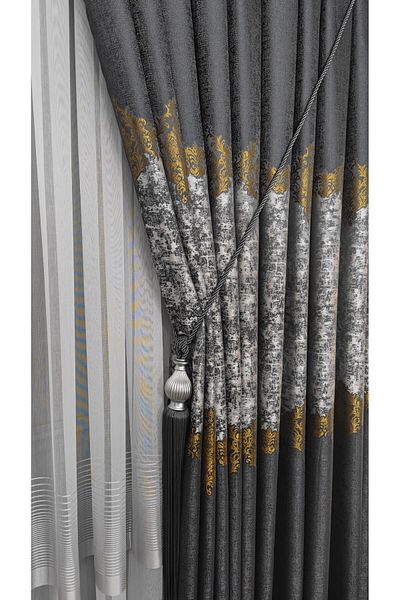 Yuka Panel Background Curtain Gray Light Gray and Gold Striped Patterned Single Sash Closely Pleated Jacquard Semi-Glossy