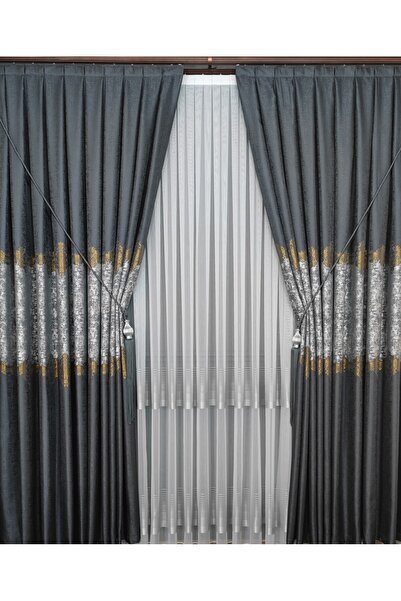 Yuka Panel Background Curtain Gray Light Gray and Gold Striped Patterned Single Sash Closely Pleated Jacquard Semi-Glossy