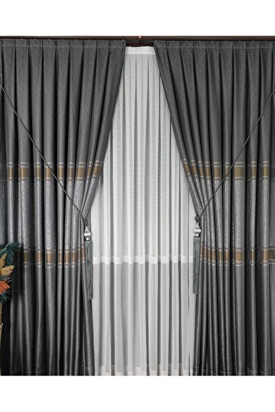 Yuka Panel Background Curtain Smoked Gray Gold Striped Wheat Detailed Single Wing Closely Pleated Jacquard Semi-Glossy
